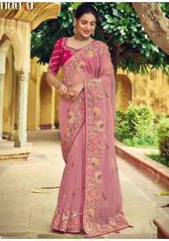 Pink    Silk With Heavy Embroidery Saree